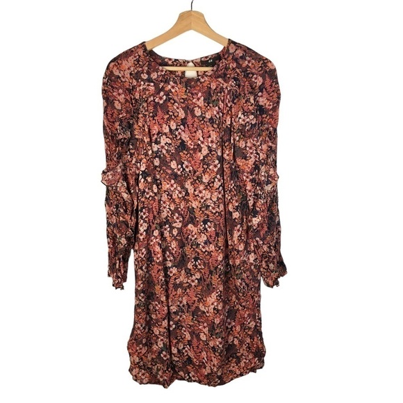 H&M Red & Pink Floral Ruffle Front Long Sleeve Mini Dress 4 - Picture 2 of 4
